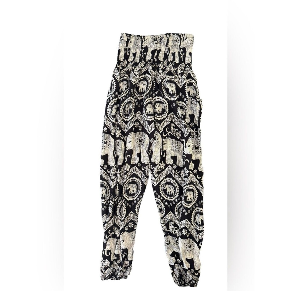 Boho Elephant Harem Pants Black White L XL Smocked Waist Festival Yoga Hippie
